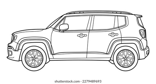 Un súper auto clásico de lujo. Captura de vista frontal del coche de Crossover. Ilustración vectorial del doodle de esquema. Diseño para imprimir, colorear libro.	
