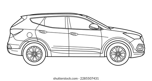 Un súper auto clásico de lujo. Captura de vista frontal del coche de Crossover. Ilustración vectorial del doodle de esquema. Diseño para imprimir, colorear libro.	
