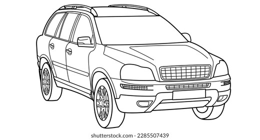 Un súper auto clásico de lujo. Captura de vista frontal del coche de Crossover. Ilustración vectorial del doodle de esquema. Diseño para imprimir, colorear libro.	
