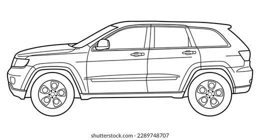 Classic luxury suv car. Crossover car front view shot. Outline doodle vector illustration. Design for print, coloring book.	