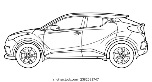Classic luxury suv car. Crossover car side view shot. Outline doodle vector illustration. Design for print, coloring book	
