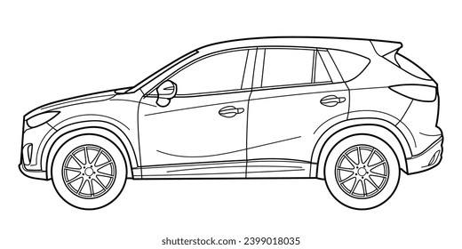Classic luxury suv car. Crossover car front view shot. Outline doodle vector illustration. Design for print, coloring book