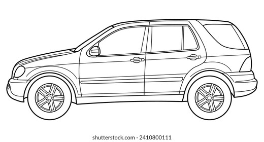 Classic luxury suv car. Crossover car front view shot. Outline doodle vector illustration. Design for print, coloring book