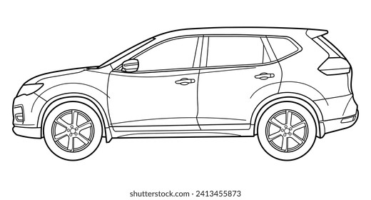 Classic luxury suv car. Crossover car front view shot. Outline doodle vector illustration. Design for print, coloring book