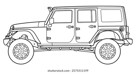 Classic luxury suv car. Crossover car front view shot. Outline doodle vector illustration. Design for print, coloring book.