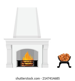 Classic luxury white fireplace and fireplace stand full of chopped logs isolated on white background. Vector