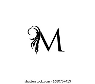 Classic M Pen Logo Icon, calligraphic M Pencil Letter Design.