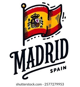 Classic Madrid Logo with Spanish Flag in Hand-Drawn Artistic Style