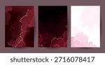 Classic magenta marble stone surface vector design background. Dark red ruby geode wedding invitation. Precious gem card texture. Golden glitter art. Wine red save the date. Elegant burgundy template