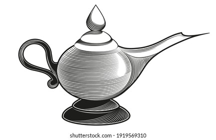 Classic magic lamp. Antique object in engraving style.
