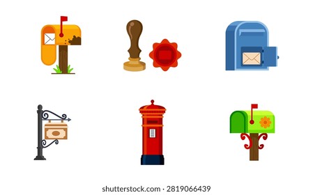 Classic mailboxes and vintage post elements collection vector illustration. Collection of flat icons featuring traditional postal service items, wax seal stamp, hanging sign, and British pillar box isolated on white background.