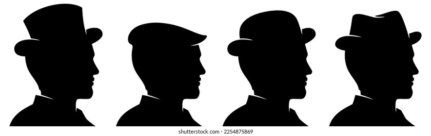 Classic man silhouette with different style hats, vector illustration.