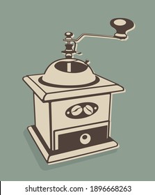 Classic manual coffee grinder for roasted coffee beans. Vector illustration isolated on a green background