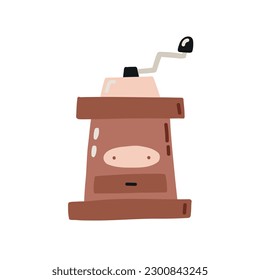 Classic manual coffee mill grinder in wooden case. Equipment for making aromatic beverage. Hand drawn vector illustration in doodle style