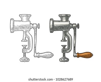 Classic manual meat grinder. Vector color vintage engraving illustration for menu, poster, label. Isolated on white background