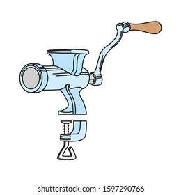 Classic manual meat grinder. Vector black vintage engraving illustration for menu, poster, label. Isolated on white background