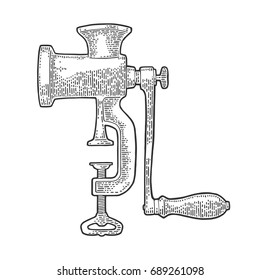 Classic manual meat grinder. Vector black vintage engraving illustration for menu, poster, label. Isolated on white background