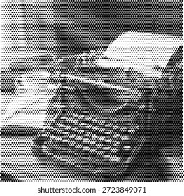 Máquina de escribir manual clásica sentada en una mesa de madera, representada en un estilo nostálgico de medio tono. Esta encantadora ilustración vintage captura el romance de la escritura tradicional con detalles auténticos de la época. Ideal para carteles de festivales literarios, marcas de casas editoriales y marketing de tiendas de antigüedades. Perfecto para proyectos creativos y educativos. Ilustración limpia para uso versátil en contextos literarios.