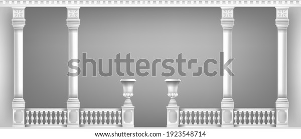 Classic marble pillars, vases, vector terrace\
white balcony, palace balustrade background, handrails.\
Architecture roman Mediterranean exterior arcade front view. Palace\
facade Greek pillars,\
console