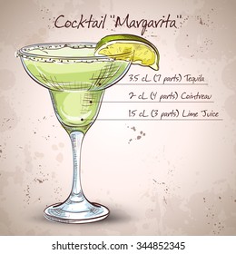 Classic margarita cocktail with lime slice and salty rim. 