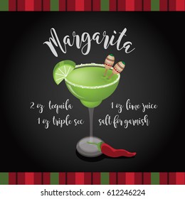 Classic Margarita ingredients with lime wedge, tiny maraca stirrers and chili pepper. On a blackboard with Mexican striped border. For Cinco De Mayo. EPS 10 vector.