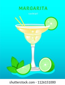 classic margarita. popular alcoholic cocktail. exotic tropical beach bar. fresh drink in glass cup with lime, mint. modern flat cartoon vector illustration icons on white. margarita. classic margarita