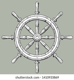 Classic marine round wood steering wheel. Navigation symbol. Vintage engraving stylized drawing. Vector Illustration