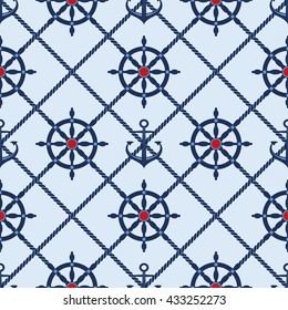Classic marine seamless pattern with anchor and steering wheel. Sea and wave theme