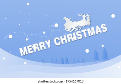 Classic Marry Christmas background with three, snow, snowflakes and lettering. Material design Vector illustration.