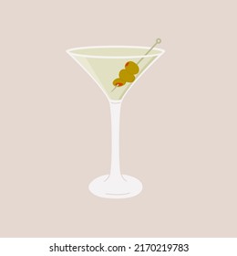 Classic Martini Cocktail in glass garnished with green olives on skewer. Summer aperitif retro elegant card. Alcoholic beverage minimal trendy design. Vector flat illustration isolated on background.