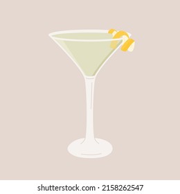 Classic Martini Cocktail in glass with lemon peel decoration. Summer aperitif retro elegant square card. Alcoholic beverage minimal trendy design. Vector flat style illustration isolated on white.