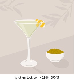 Classic Martini Cocktail in glass with lemon spiral peel decoration and green olives in bowl appetizer. Summer aperitif retro elegant square banner. Card with alcoholic beverage. Vector illustration.