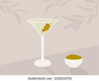 Cóctel Martini clásico en vidrio con brocheta de oliva y aceitunas verdes en aperitivo. Pancarta horizontal retro elegante de aperitivo de verano. Afiche con bebida alcohólica. Ilustración vectorial de estilo plano.