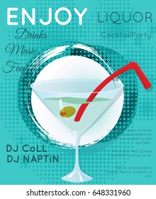 Classic martini cocktail with olive and red straw on green halftone.Cocktail illustration on bright contemporary flat background.