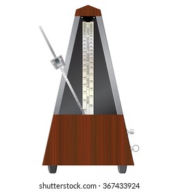 Classic mechanical metronome. Wooden case. Front view. Isolated on white background. Vector Image.