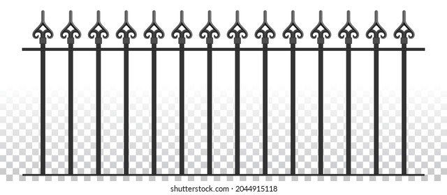 Classic Medieval Ancient Wrought Iron Fence. Vector. Iron Railing. Urban Design. Vintage Decor. Luxury Modern Architecture. Castle. City. Street. Park. Blacksmithing. Metal. Grey. Isolated On White.