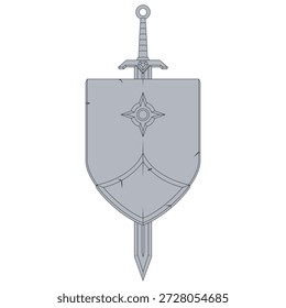 Escudo medieval clásico cruzado por una espada de acero en estilo heráldico europeo. Diseño histórico ideal para conceptos de protección, honor, caballería, heráldica real y emblemas antiguos