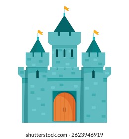 Classic medieval stone castle is brightly colored with flags flying