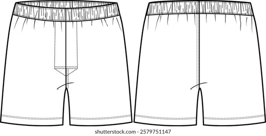 Classic men boxer with double fly stitching, elastic waistband, flat vector sketch illustration, fashion design, front and back view