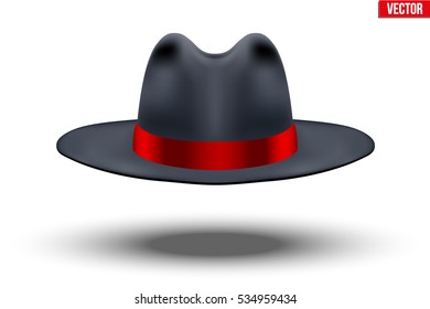 Classic Men Hat. Black color with red ribbon. Accessory for beauty stylish man and gentlemen. Vector Illustration Isolated on white background.