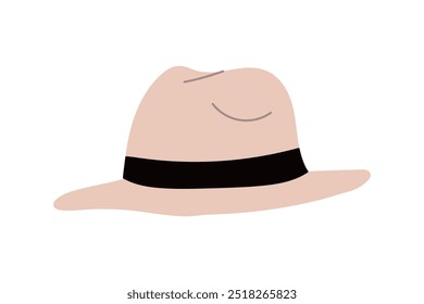 Classic men's brimmed felt hat, formal fashion accessory, headwear, victorian head wearing, vintage retro hat, stylish headdress decorated with ribbon on white background flat vector illustration.