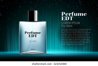 Classic Men's Perfume Contained in a Square Glass Blue Bottle Poster Ads Mock up Shine Glowing Line Black Background. Excellent Advertising. Cosmetic Package Design Product. 3D Vector Illustration.