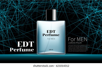 Classic Men's Perfume Contained in a Square Glass Blue Bottle Poster Premium Ads Mock up Glowing Line Black Background. Excellent Advertising. Cosmetic Package Design Product. 3D Vector Illustration.