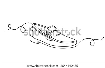 Classic men's shoes in continuous line art drawing style. Dress shoes minimalist black linear sketch isolated on white background. Hand drawn one line vector. Editable stroke