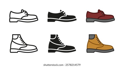 Classic men's shoes icon. Elegant man boots vector illustration. Male leather oxford, derby or chelsea footwear sign. Autumn season heel shoes symbol. Trendy and fashionable clothing. Formal boots.