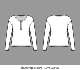 Classic men's style cotton-jersey top technical fashion illustration with long sleeves, scoop henley neckline. Flat outwear apparel shirt template front back white color. Women, men, unisex CAD mockup