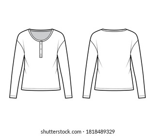 Classic men's style cotton-jersey top technical fashion illustration with long sleeves, scoop henley neckline. Flat outwear apparel shirt template front back white color. Women, men, unisex CAD mockup