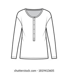 Classic men's style cotton-jersey top technical fashion illustration with long sleeves, scoop henley neckline. Flat outwear apparel shirt template front, white, color. Women, men, unisex CAD mockup