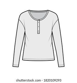 Classic men's style cotton-jersey top technical fashion illustration with long sleeves, scoop henley neckline. Flat outwear apparel shirt template front, grey color. Women, men, unisex CAD mockup