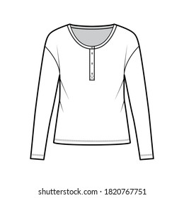 Classic men's style cotton-jersey top technical fashion illustration with long sleeves, scoop henley neckline. Flat outwear apparel shirt template front, white, color. Women, men, unisex CAD mockup